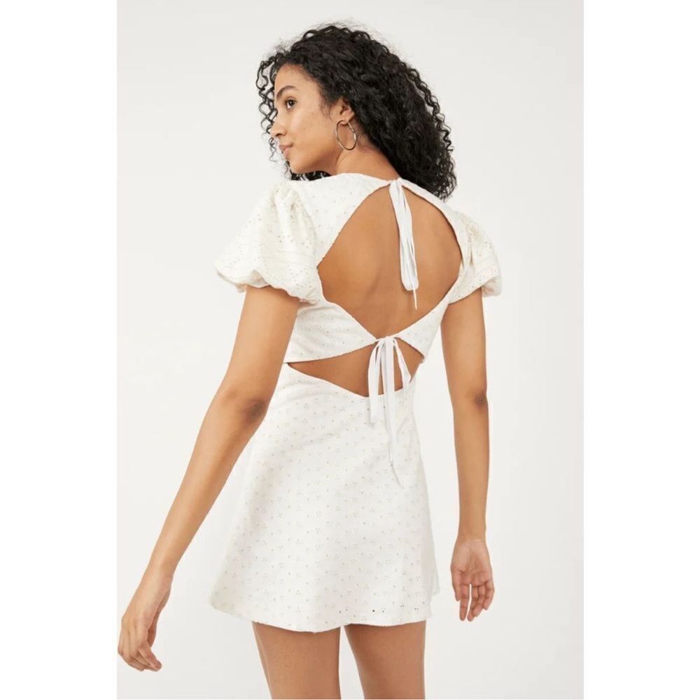 Free People Womens Apricot Rose Mini Dress Puff Sleeve Eyelet White Size L